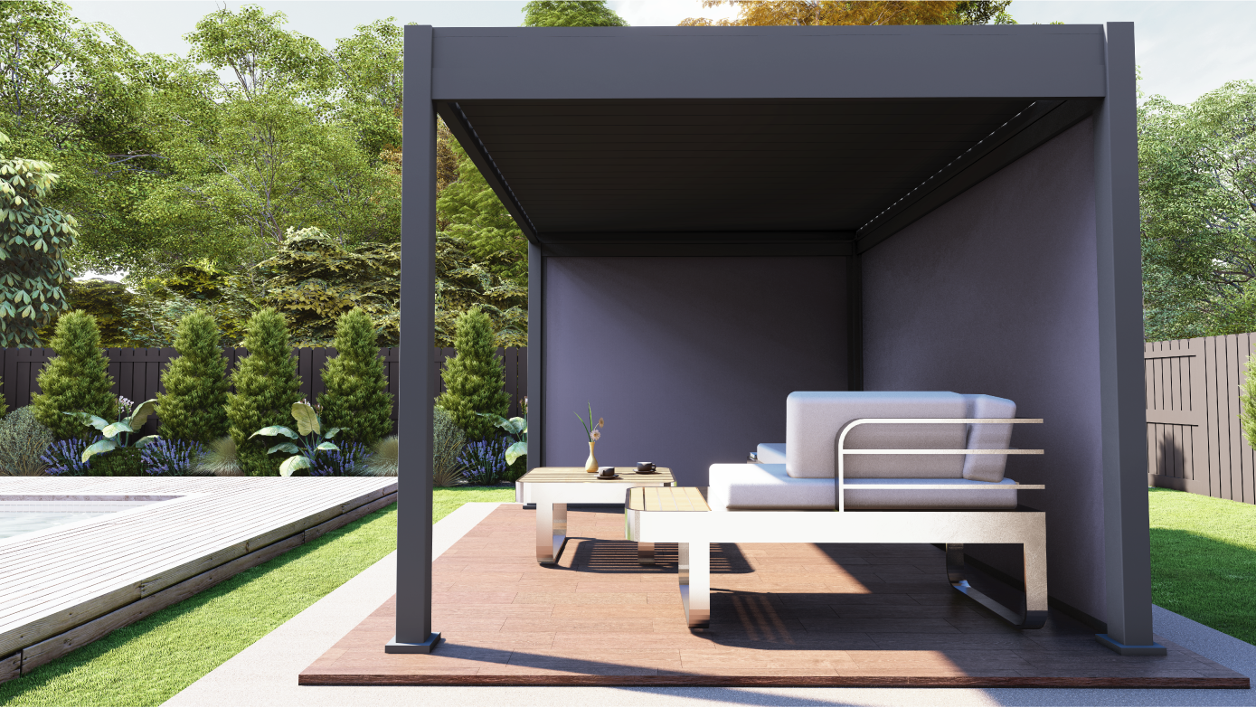 Bioklimatická pergola samostatne stojaca. Rozmer 4 x 3 m, Farba RAL 7016 - Antracit. Možnosť doplnenia bočných rolovacích prvkov pre väčšie súkromie.