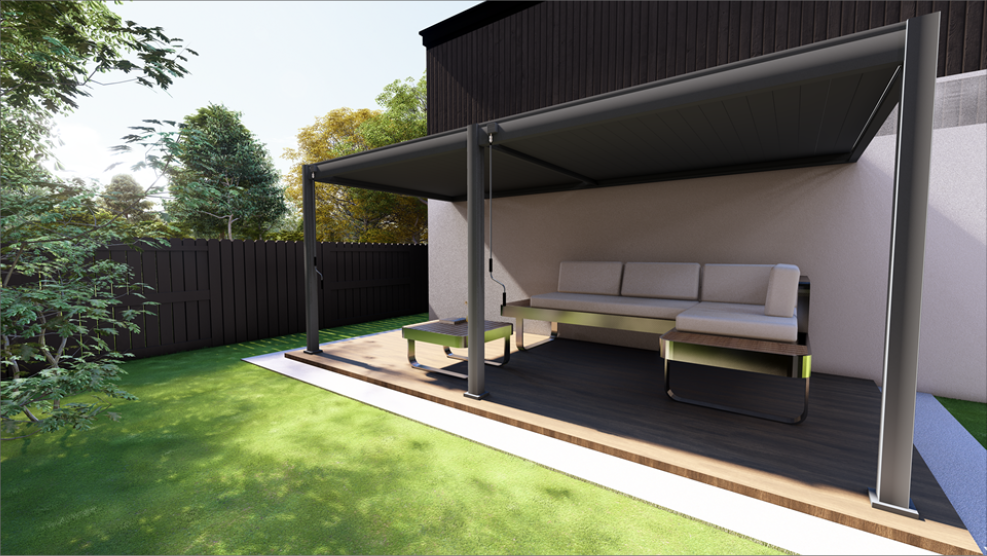 Bioklimatická pergola montovaná na stenu domu. Rozmer 6 x 3 m. Farba RAL 7016 - Antracit.